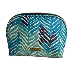 TRINA TURK COLORFUL COSMETIC BAG FEATHER PRINT BLUE / PINK INTERIOR